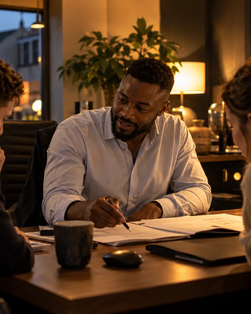 A mortgage broker meeting clients while Orra handles incoming calls