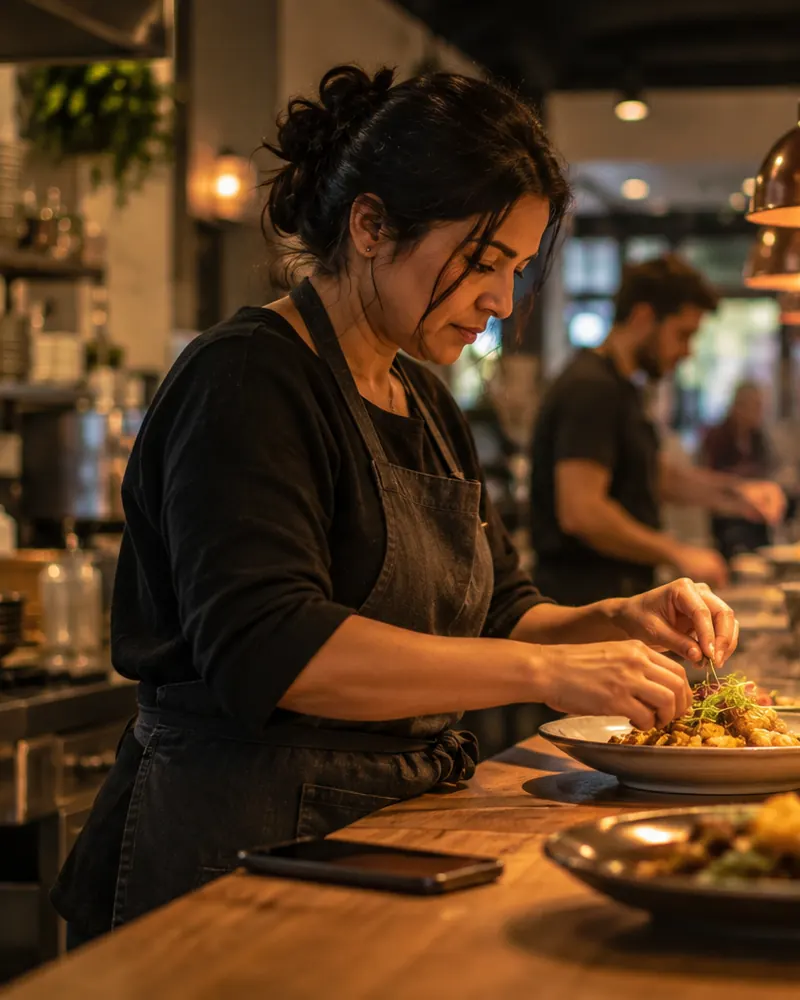 A café owner busy at the pass while Orra replies to customer messages