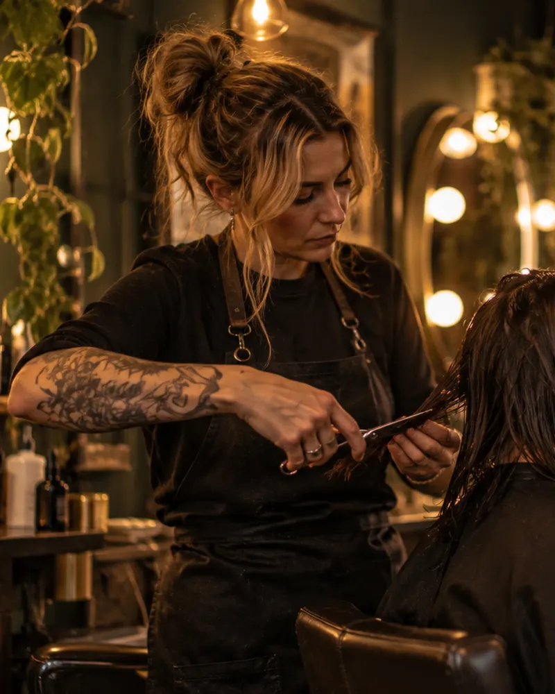 A salon owner working with a client while Orra sorts her messages