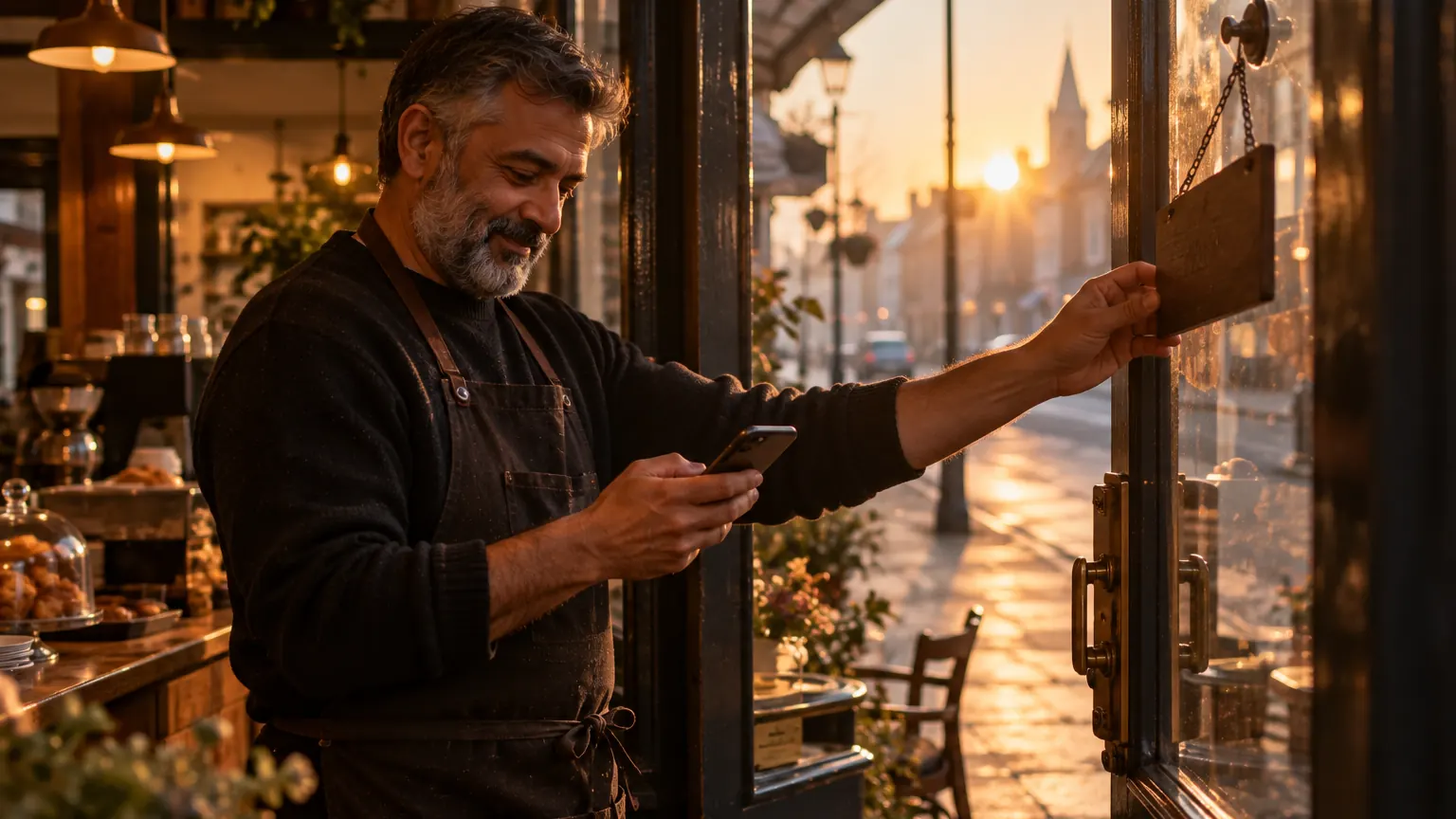 A café owner turning the open sign at sunrise while reading his morning report from Orra