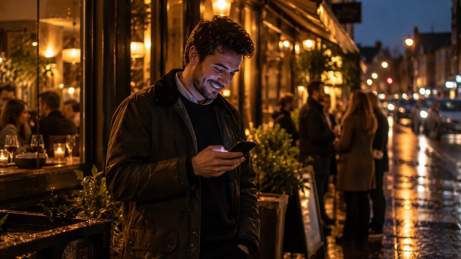 A customer outside a restaurant smiling at a WhatsApp reply from Orra