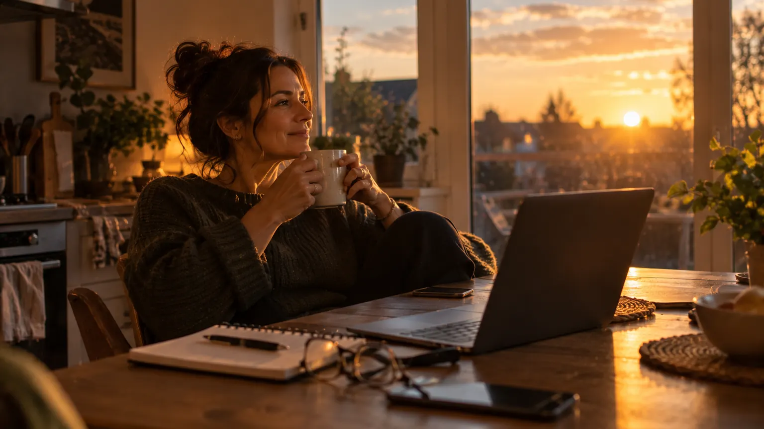 A business owner relaxing with coffee at sunrise because her inbox is already handled