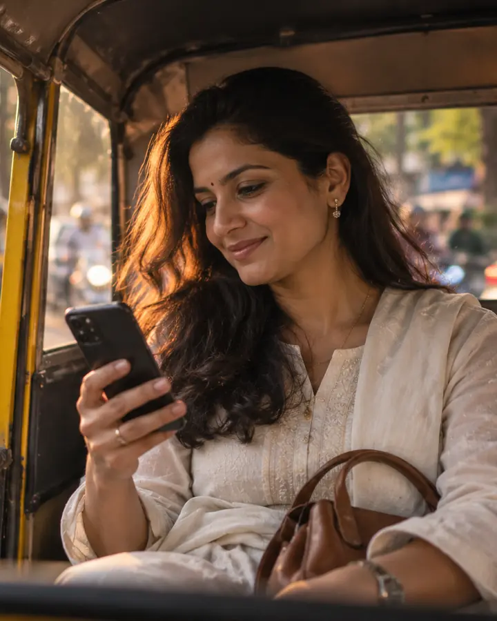 Founder in an auto-rickshaw reading a WhatsApp summary of her calls