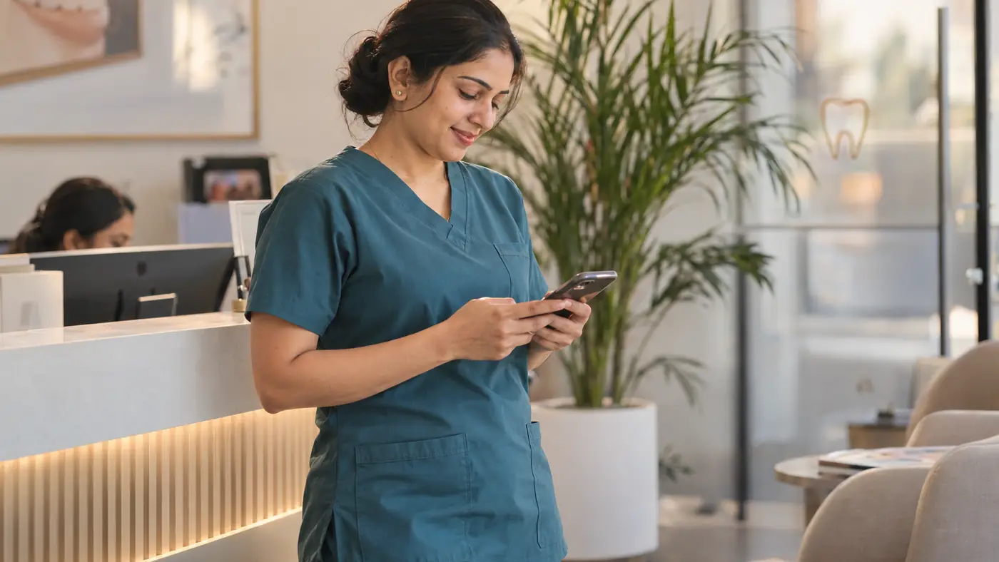 Dentist at her clinic reception in Kochi, glancing at a booking on her phone