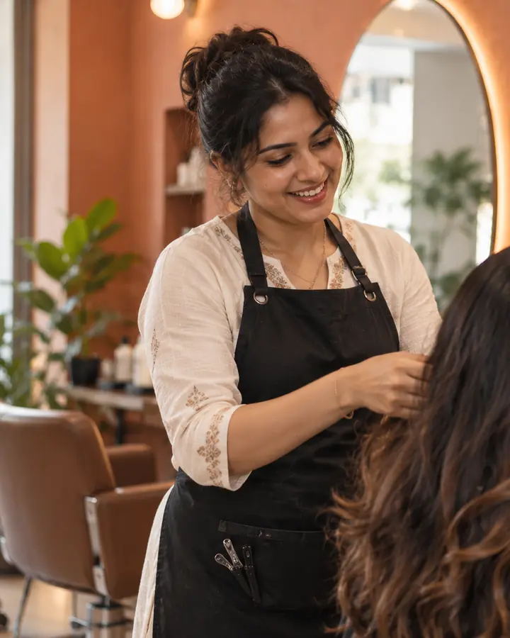 Salon owner styling a client's hair in Mumbai