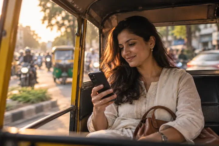 Brand founder checking orders on her phone in an auto-rickshaw