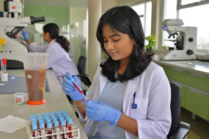 Lab technician labelling blood sample tubes at a pathology lab