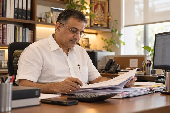 Chartered accountant reviewing files at his desk