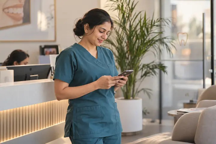 Dentist checking her phone at a clinic reception in Kochi