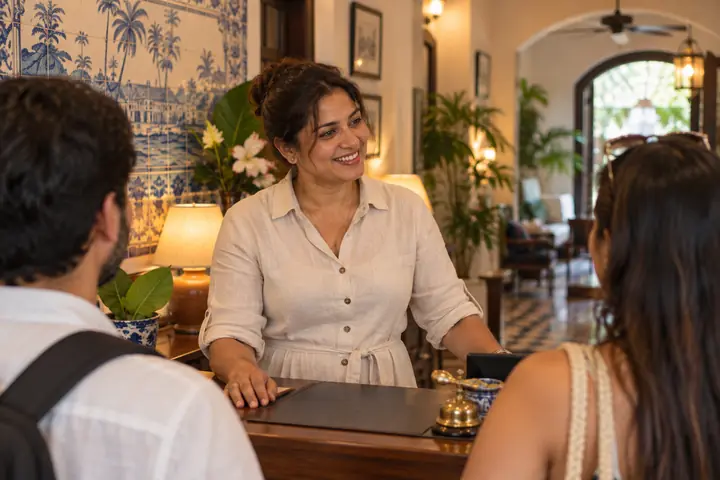 Hotel owner welcoming guests at a Goa boutique hotel
