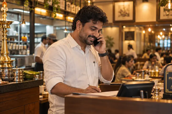 Restaurant manager taking a table booking by phone in Chennai