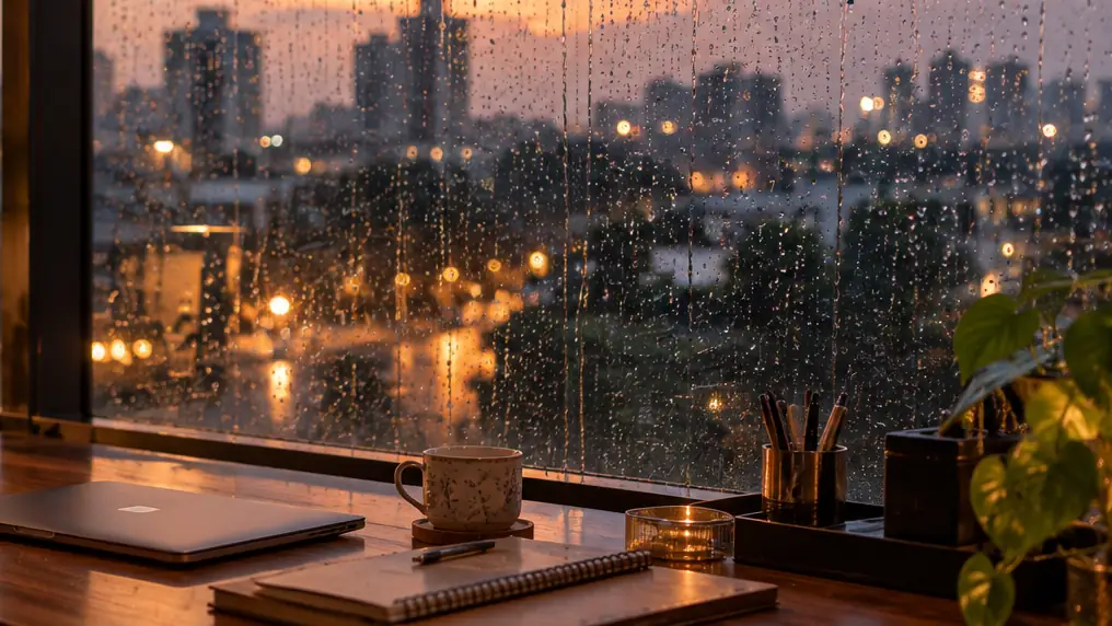 Monsoon evening outside a closed office while calls are still answered