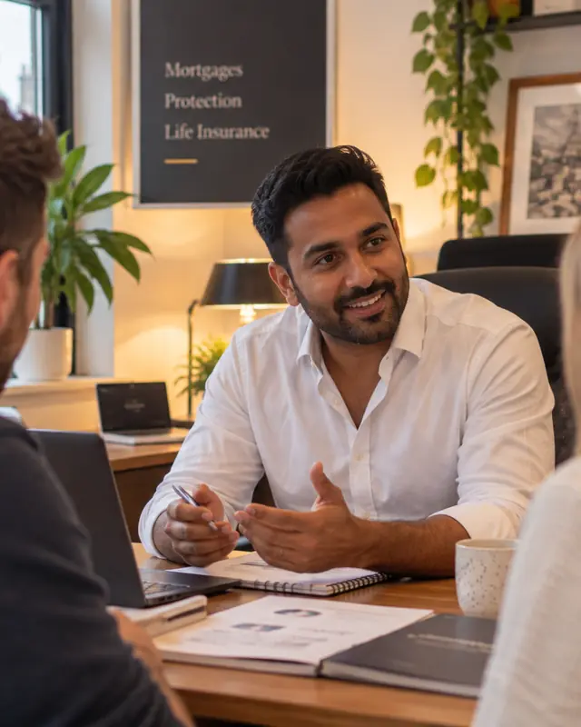 Mortgage adviser meeting a couple in a UK high-street office