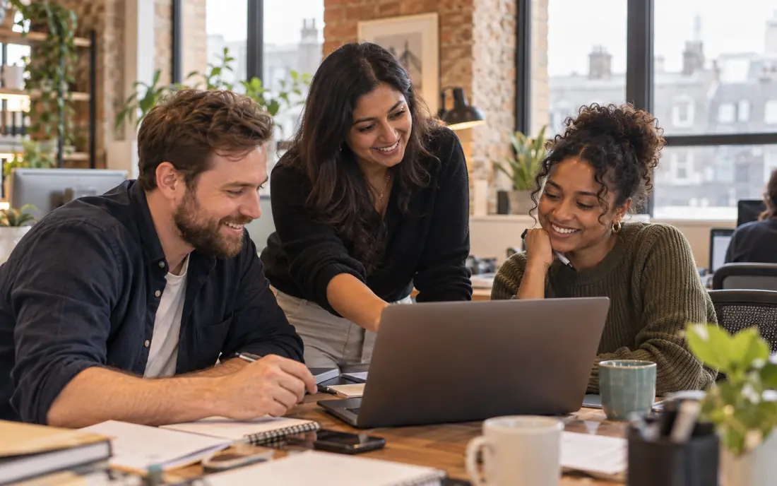 Orra's UK team working together around a laptop in a London office
