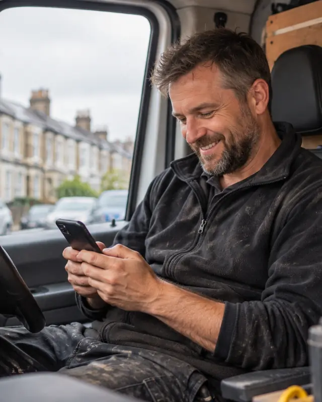 UK electrician checking his phone in his van