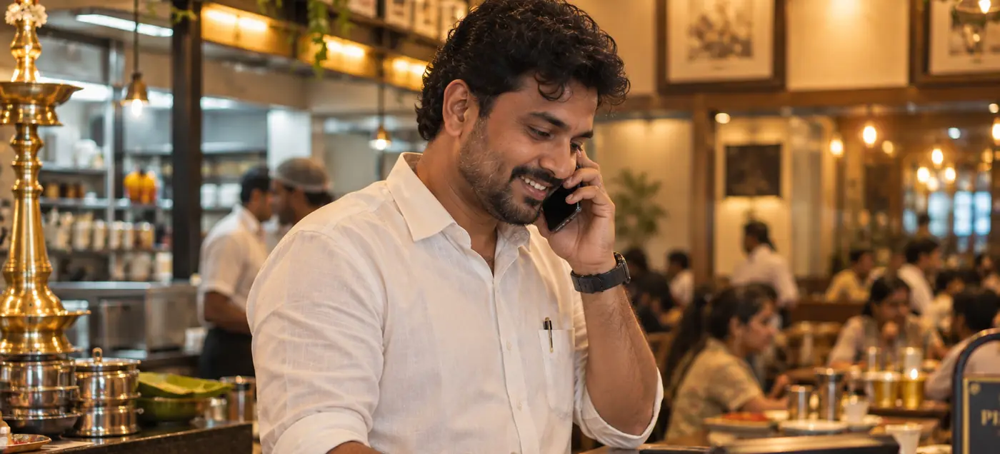 Restaurant manager taking a booking by phone in Chennai