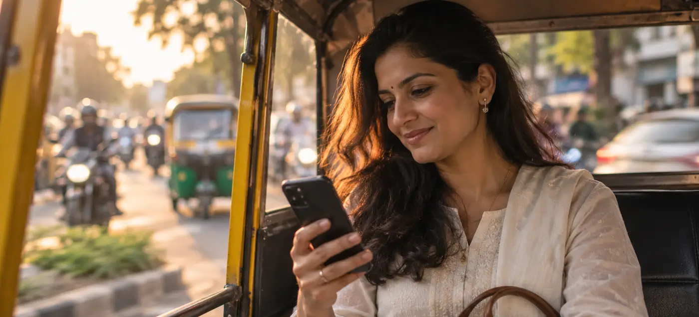 Brand founder checking her phone in an auto-rickshaw