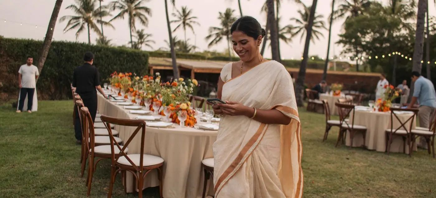 Venue manager in a Kerala saree checking bookings as a wedding lawn is set up